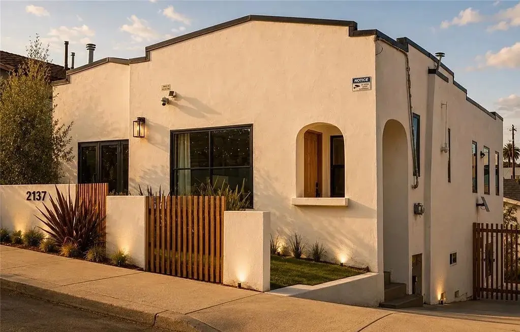 Echo Park home staging exterior, white stucco Spanish-style home